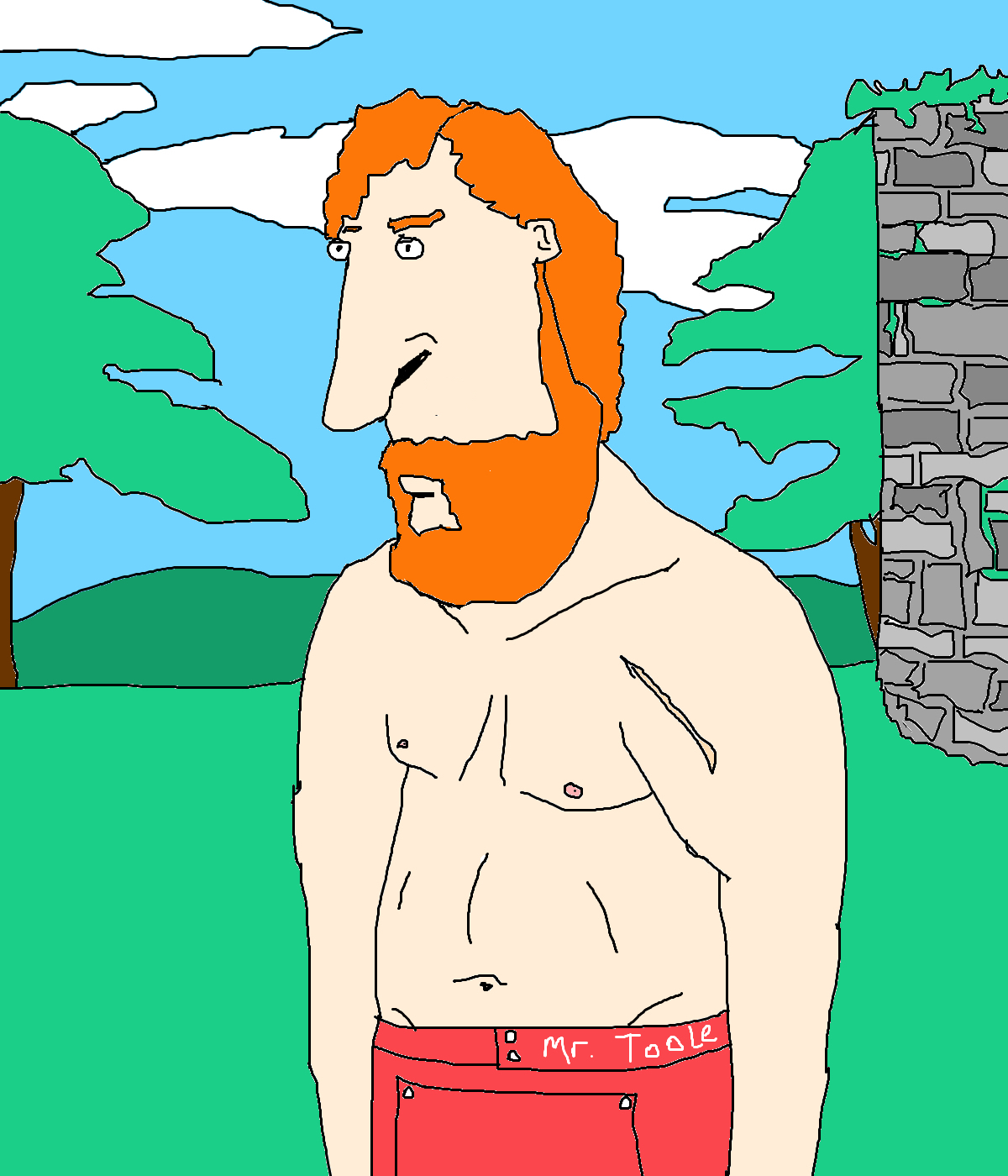 A bare-chested figure with bright orange hair and a full beard wears red trousers, standing among green trees beside a grey stone wall.