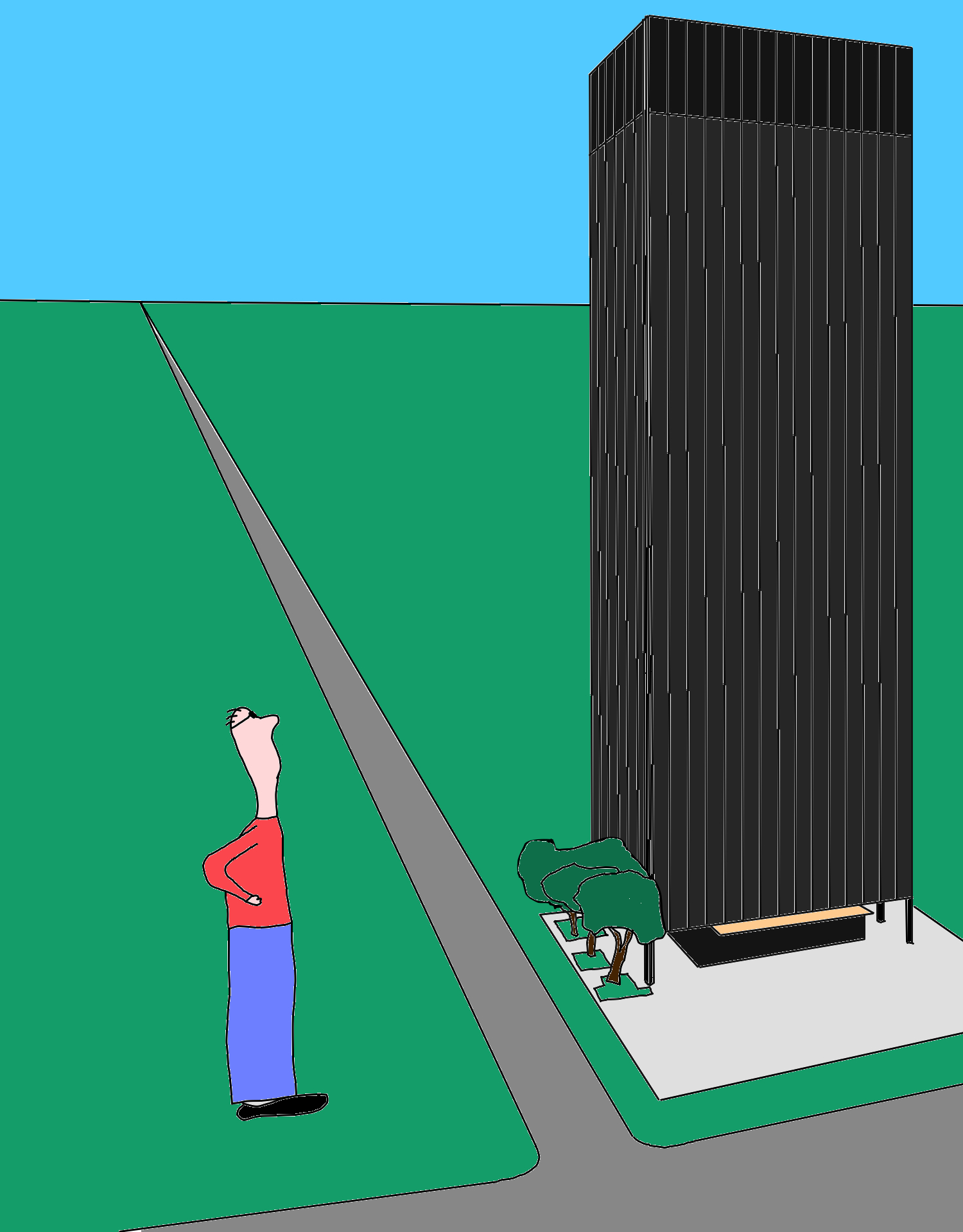 A small figure in red and purple looks up at a tall black building beside a grey road on flat green ground.