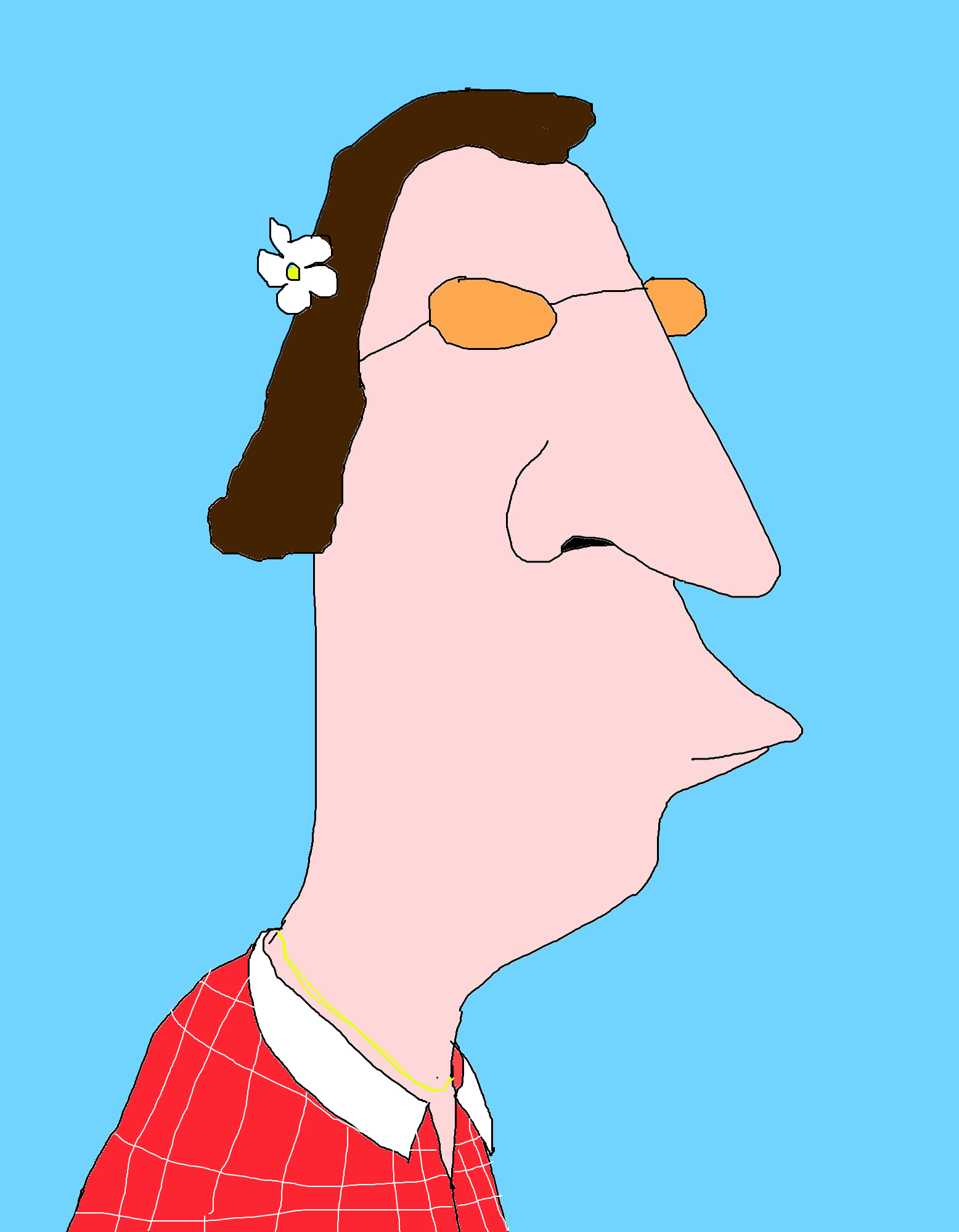 A long-faced figure with amber glasses and a white flower in brown hair wears a red checked shirt against a blue background.