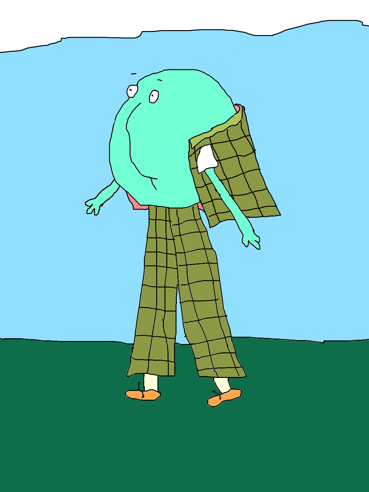 A round mint-green figure wears olive checked trousers and an open matching jacket, standing on dark green ground beneath a pale blue sky.