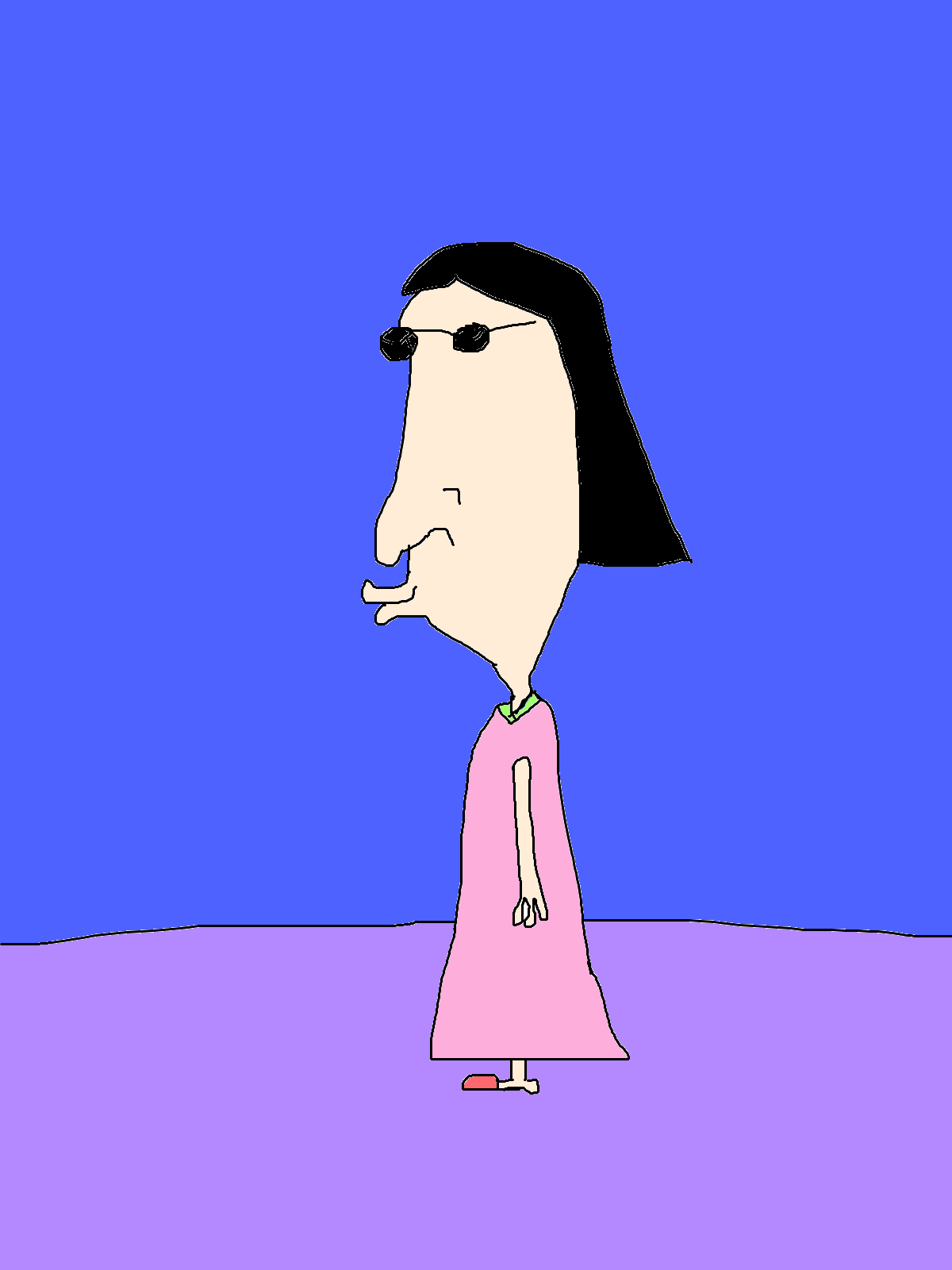 A figure with a long face, straight black hair and small round sunglasses stands in a pink dress against blue and lilac blocks of colour.