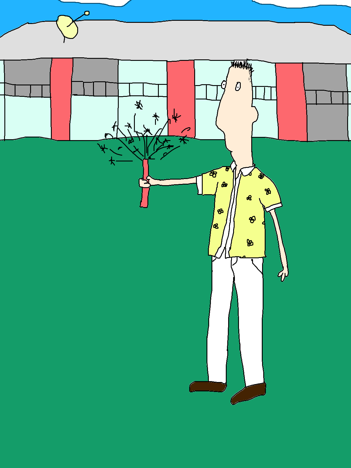 A figure in a yellow patterned shirt and white trousers holds a sparking red stick on green grass, with a low building behind.