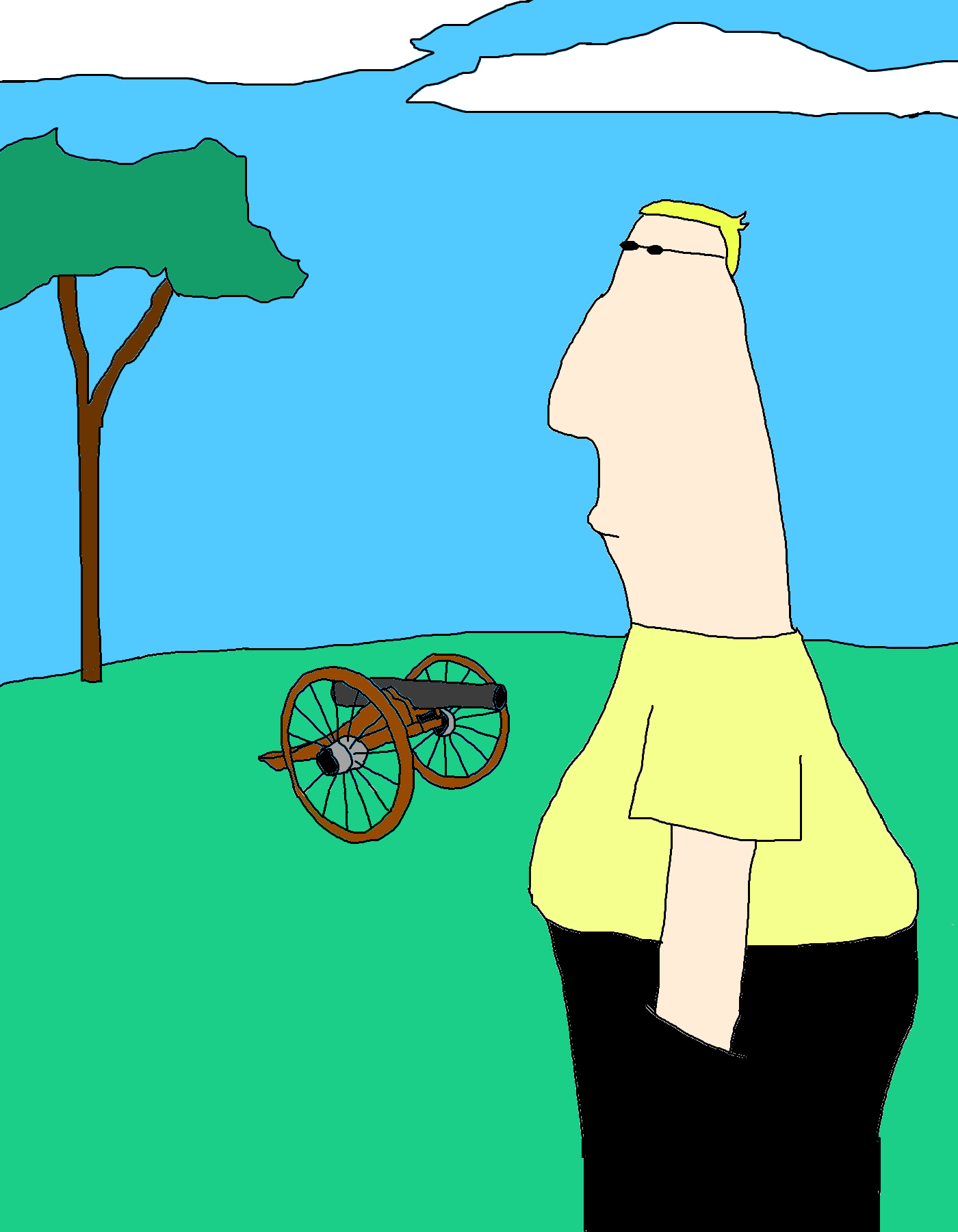 A blond figure in small dark glasses and a pale yellow shirt fills the foreground, with a wheeled cannon and tree on green grass behind.