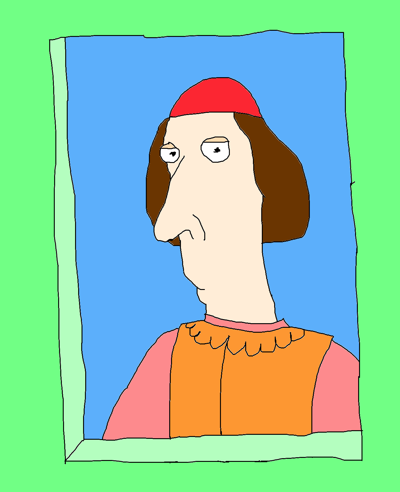 A green frame surrounds a portrait of a brown-haired figure wearing a red cap, pink sleeves and an orange scalloped collar against blue.