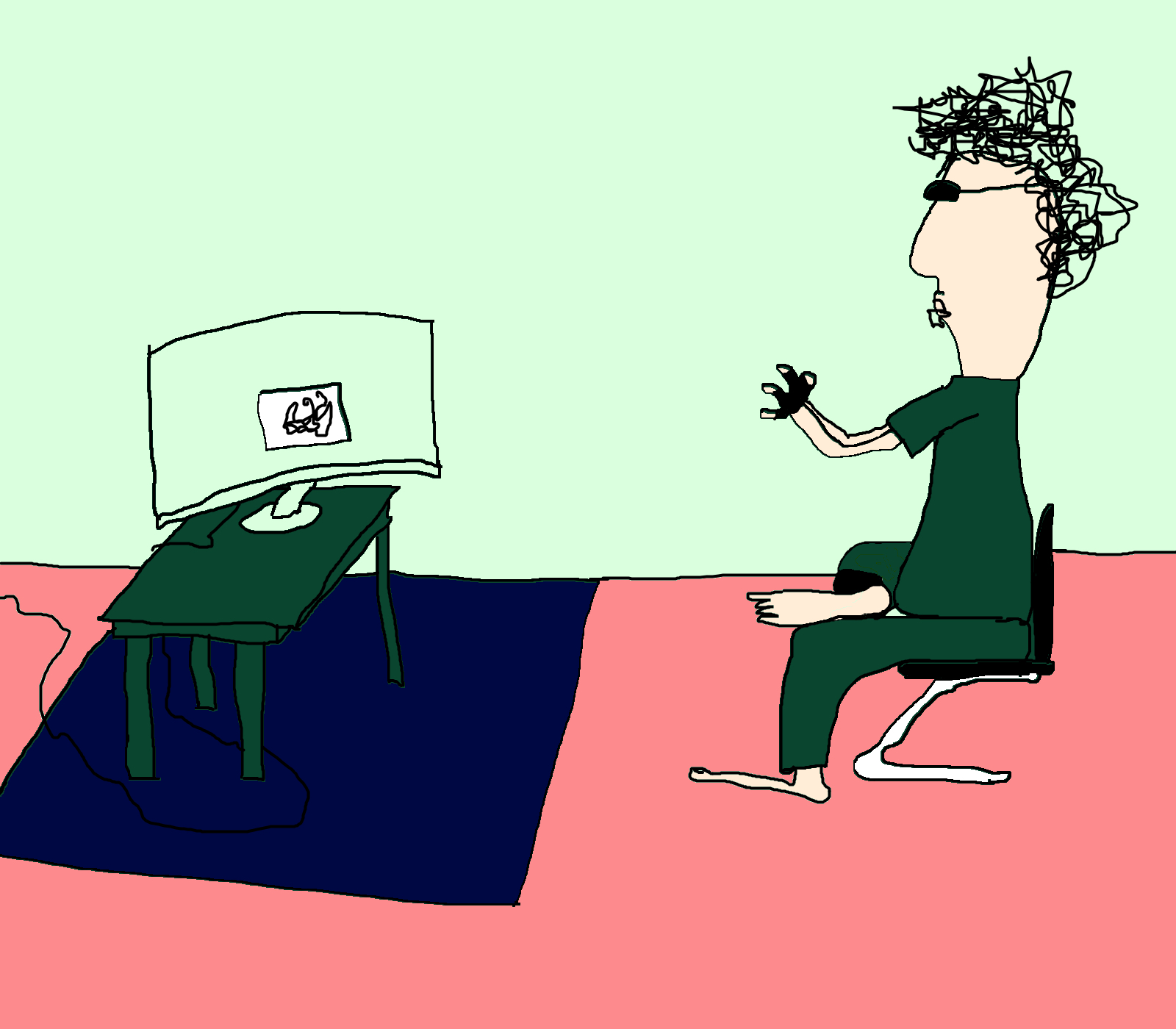 A barefoot figure in dark green sits facing a computer on a green desk, in a pale green room with a pink floor.