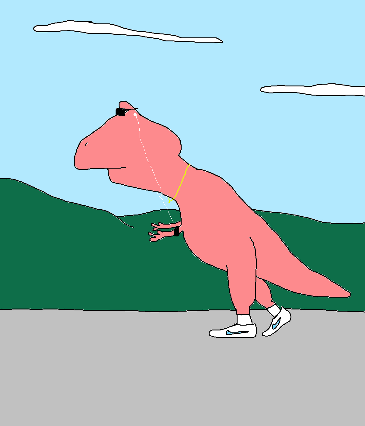 A pink dinosaur wearing dark glasses, earphones and white trainers strides along a grey road, with dark green hills beneath a pale blue sky.