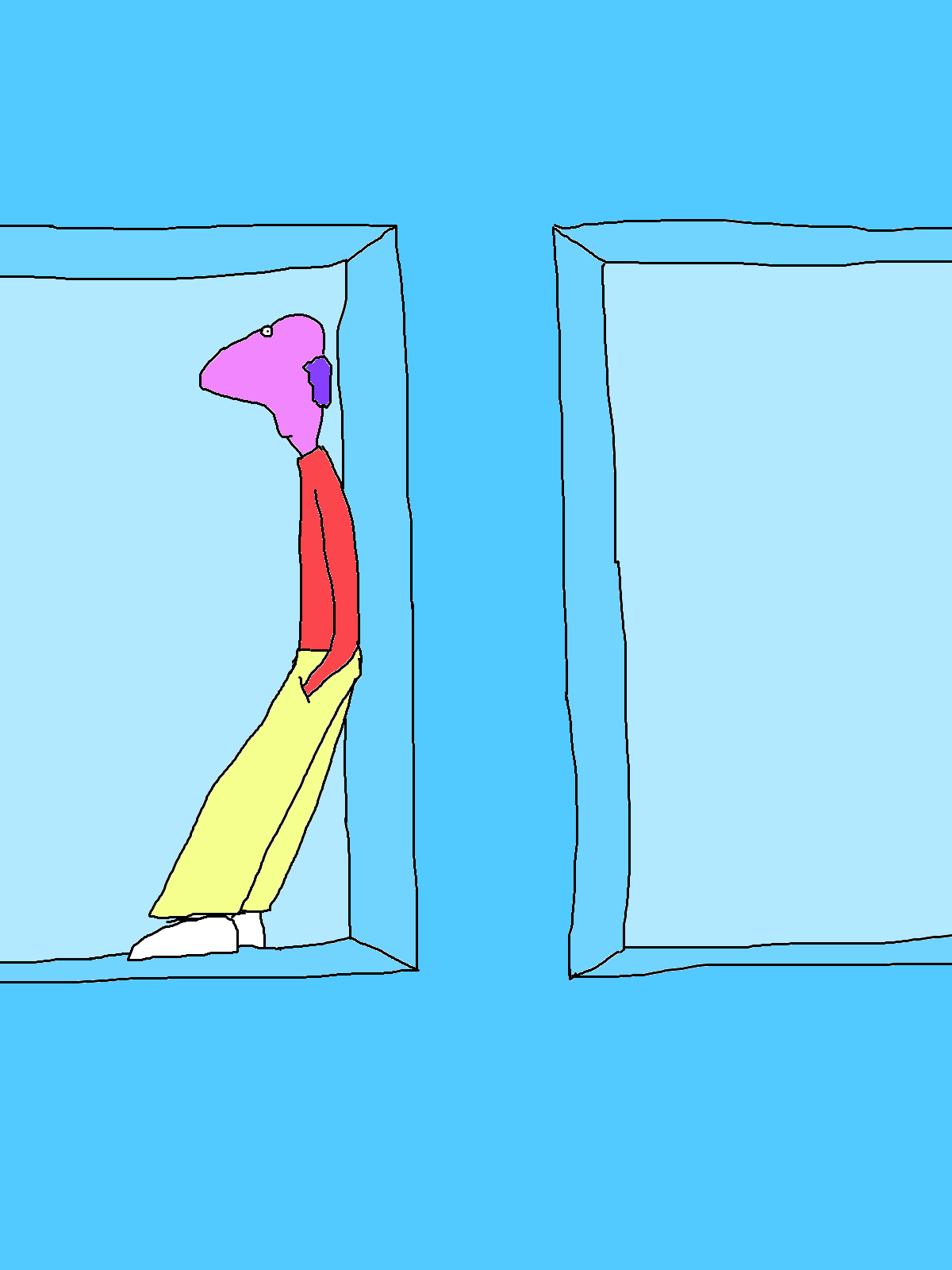 A purple-headed figure in a red top and pale yellow trousers leans inside the left of two large rectangular recesses in a blue wall.