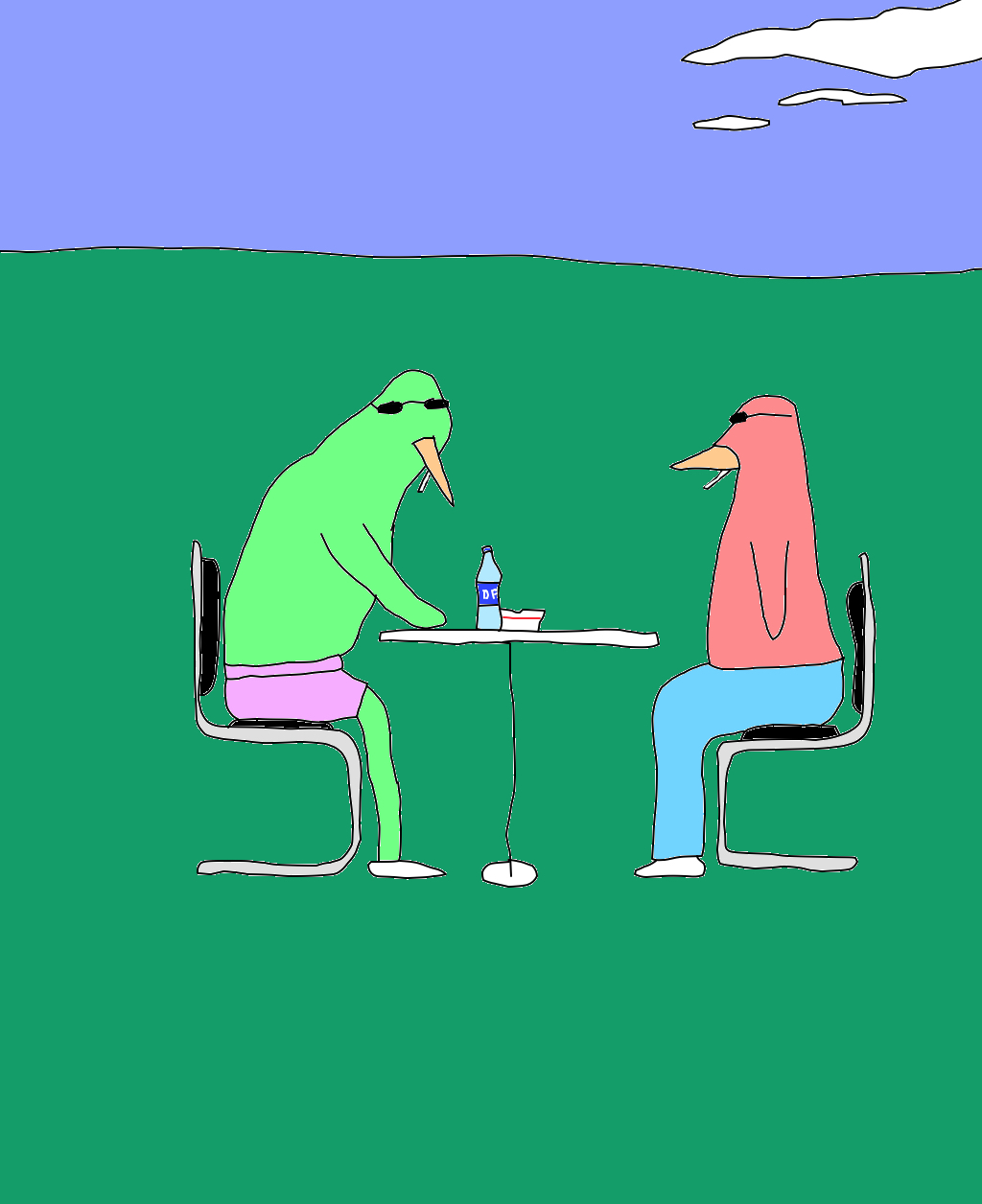 Green and pink bird-like figures in sunglasses sit opposite each other at a small table with a bottle and cup, surrounded by green ground.