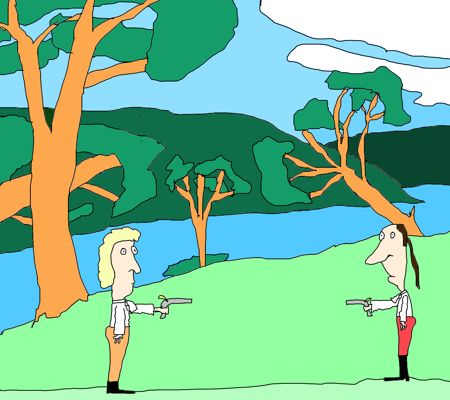 Two figures in white shirts stand far apart, pointing pistols towards each other on a green riverbank framed by orange-trunked trees and wooded hills.