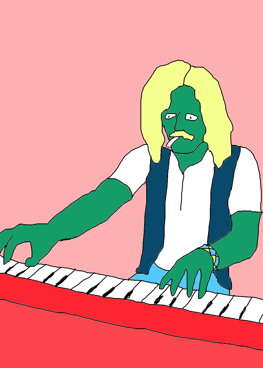 A green figure with long blond hair and a moustache plays a red keyboard, wearing a white shirt and dark blue waistcoat against pink.