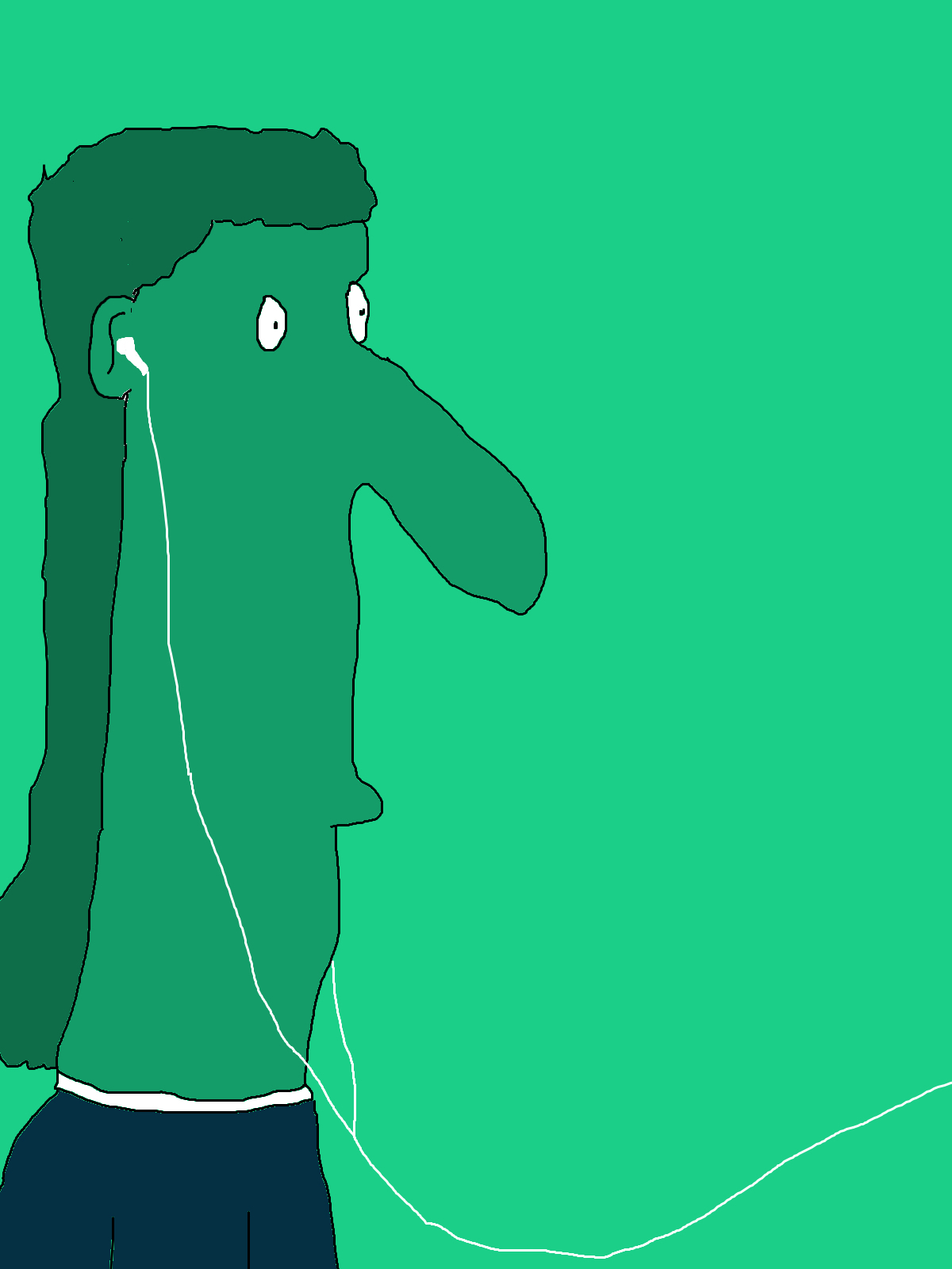 A green profile with a long nose and dark green hair wears a white wired earbud, its cable curving across a turquoise background.