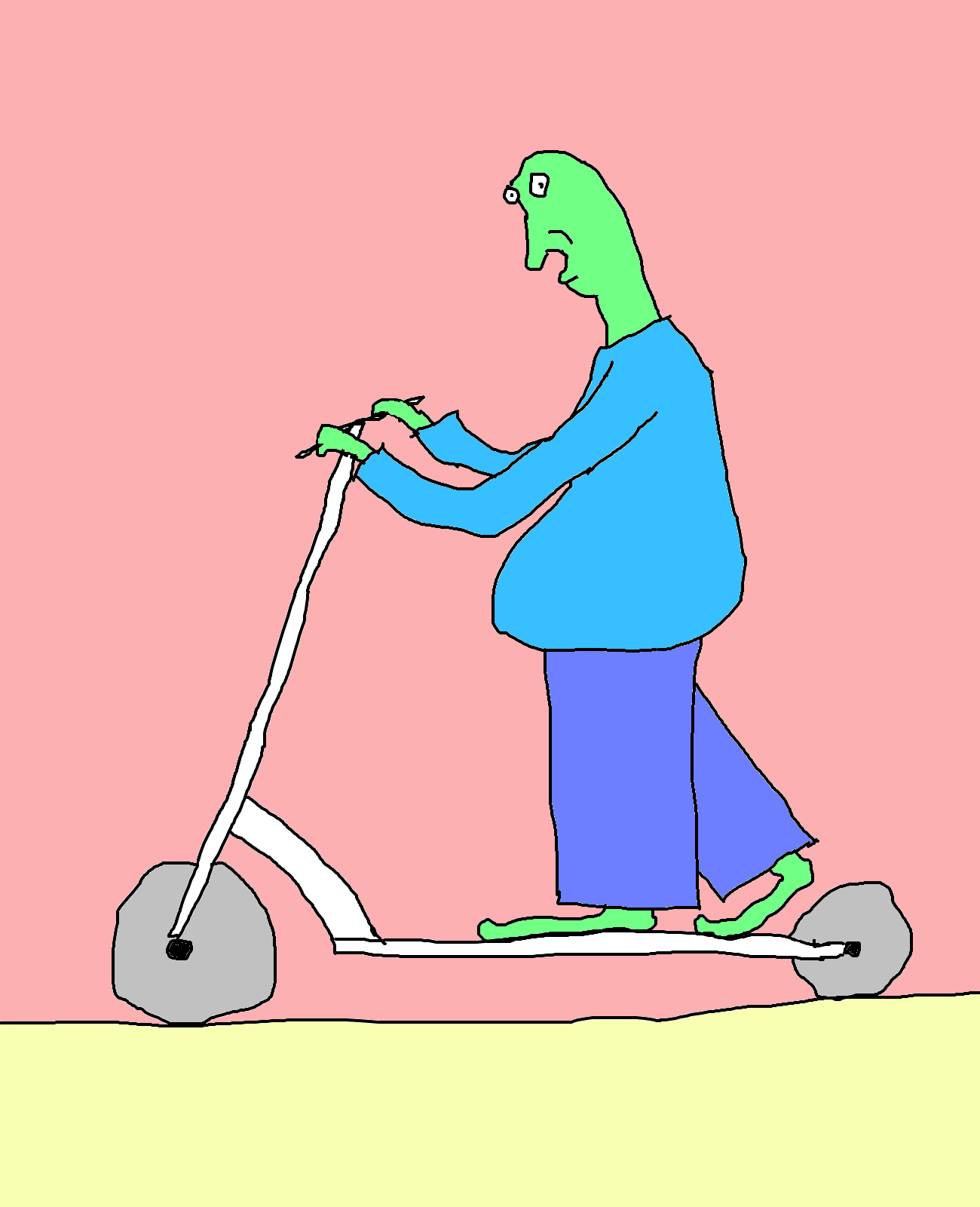 A green figure in a bright blue top and purple trousers rides a white scooter across pale yellow ground, against a pink background.