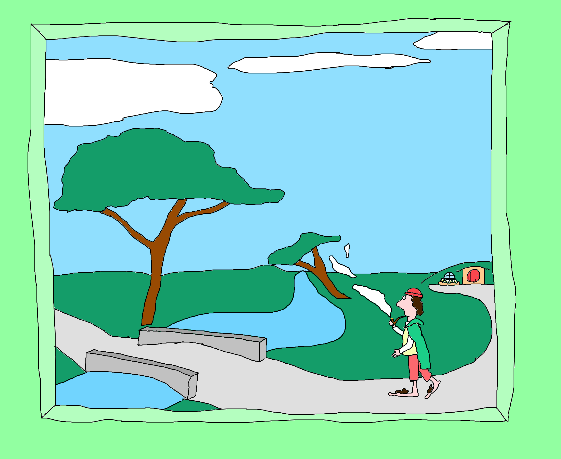 A figure in a green jacket and pink shorts smokes a pipe beside a river and small bridge, with trees beneath a blue sky.