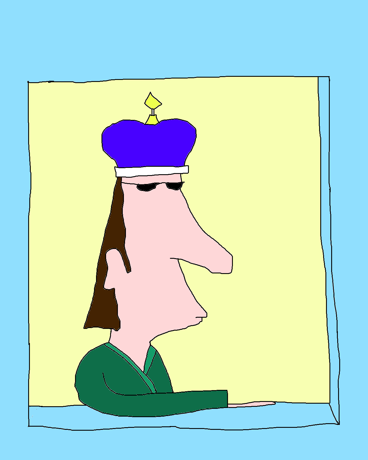 A long-haired profile wearing sunglasses, a purple crown and a dark green robe rests an arm across a blue frame surrounding a pale yellow background.