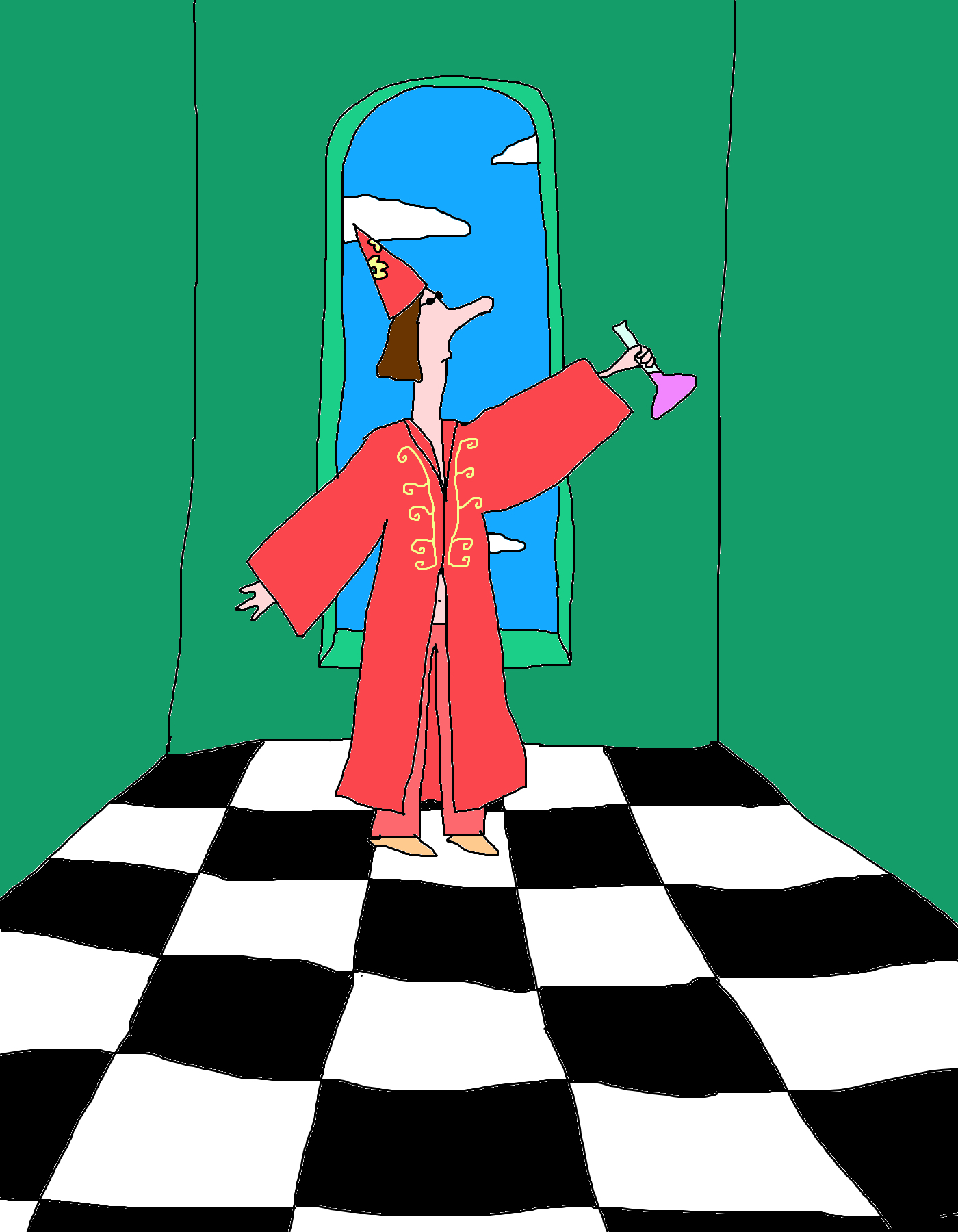 A figure in a red robe and pointed hat raises a flask of pink liquid in a green room with an arched window and checkerboard floor.
