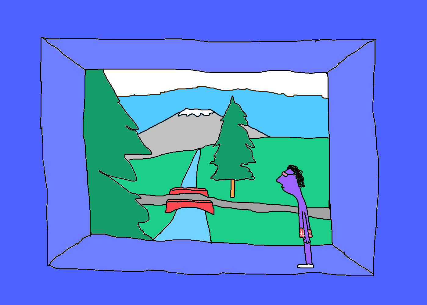 A purple figure stands beside a framed landscape of pine trees, a red bridge, a blue stream and a grey mountain.