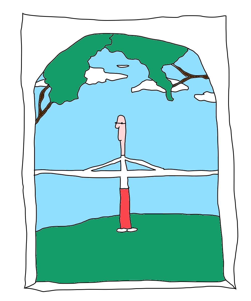 A slender figure in a white top and red trousers stretches unusually long arms across a blue background, framed by green tree branches and white borders.
