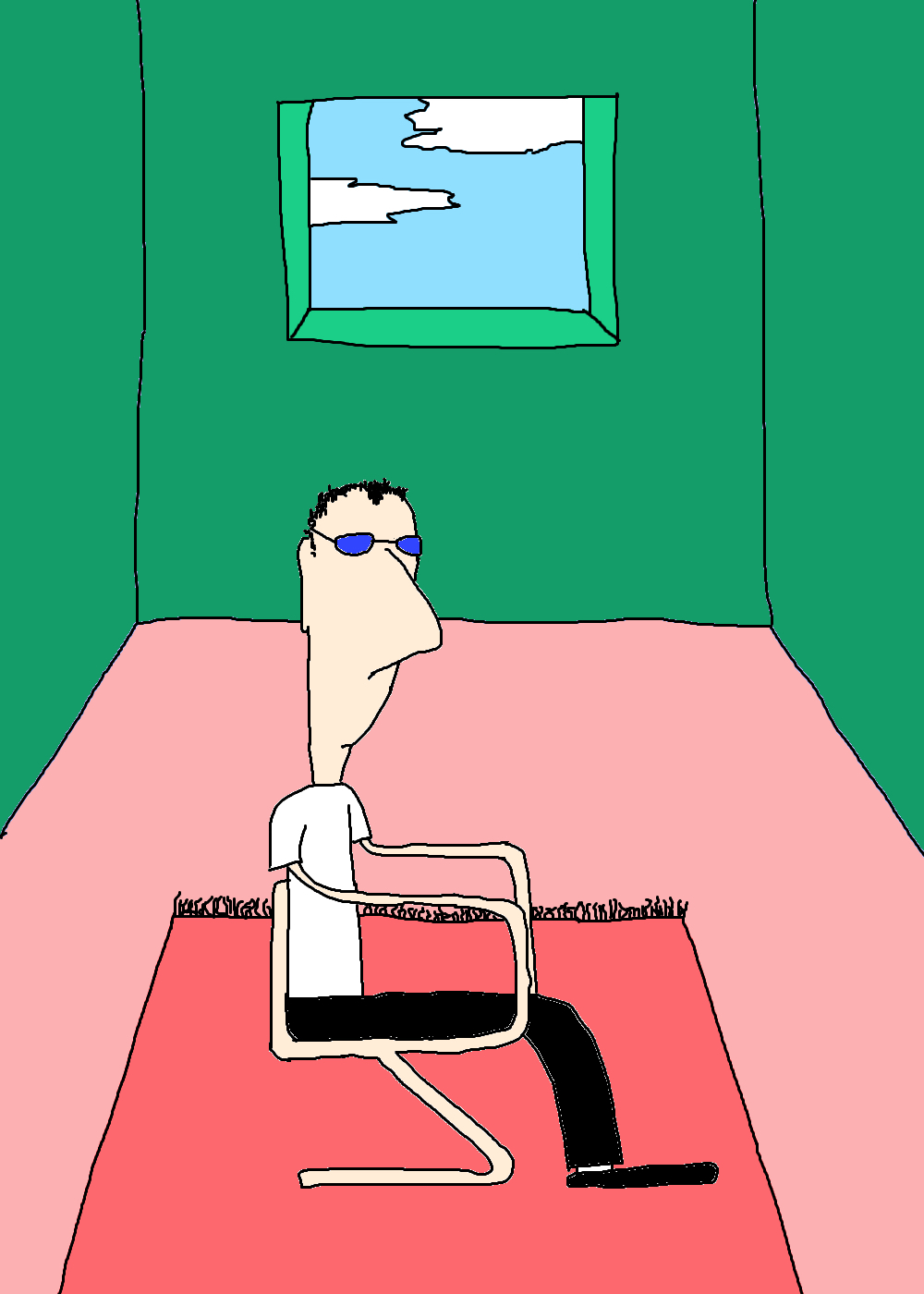 A figure wearing blue glasses, a white shirt and black trousers sits on a thin-framed chair in a green room with a pink floor and small window.