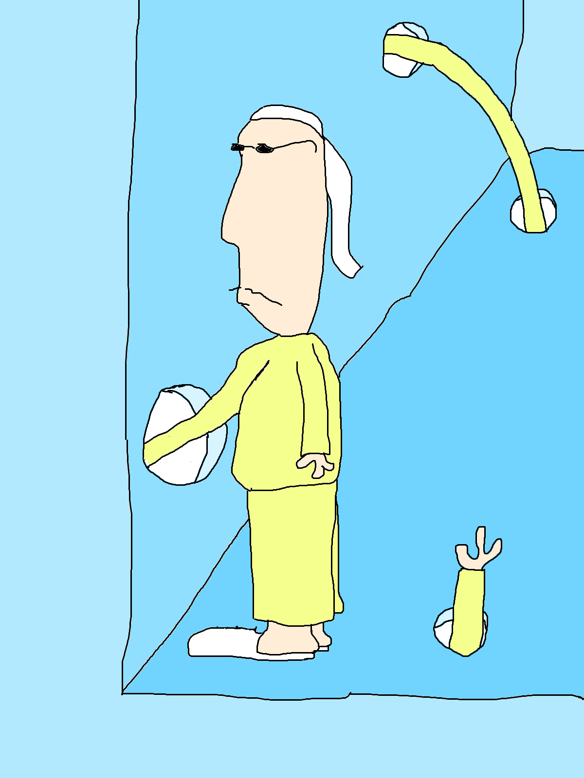 A figure in pale yellow clothing reaches into a circular opening in a blue wall, while yellow sleeves and a hand emerge from other holes.