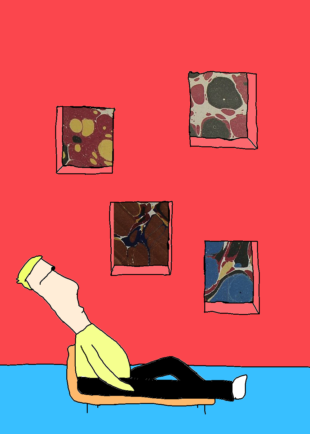 A blond figure reclines on an orange chair beneath four framed marbled patterns, arranged across a red wall above a bright blue floor.