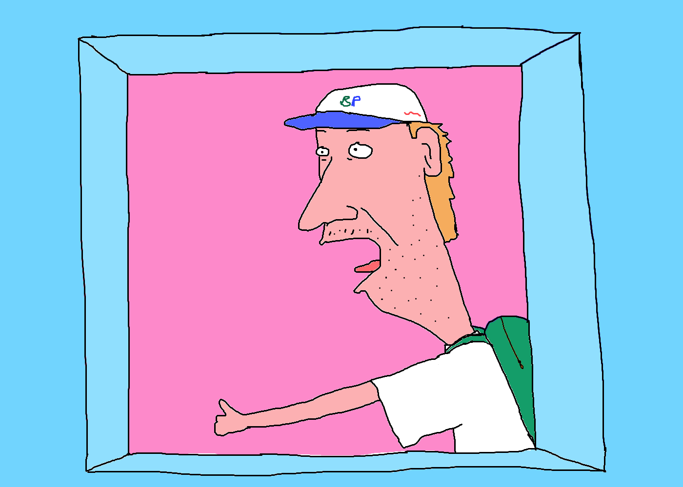 A figure in a white cap and shirt carries a green backpack and extends one thumb, set against pink within a wide blue frame.