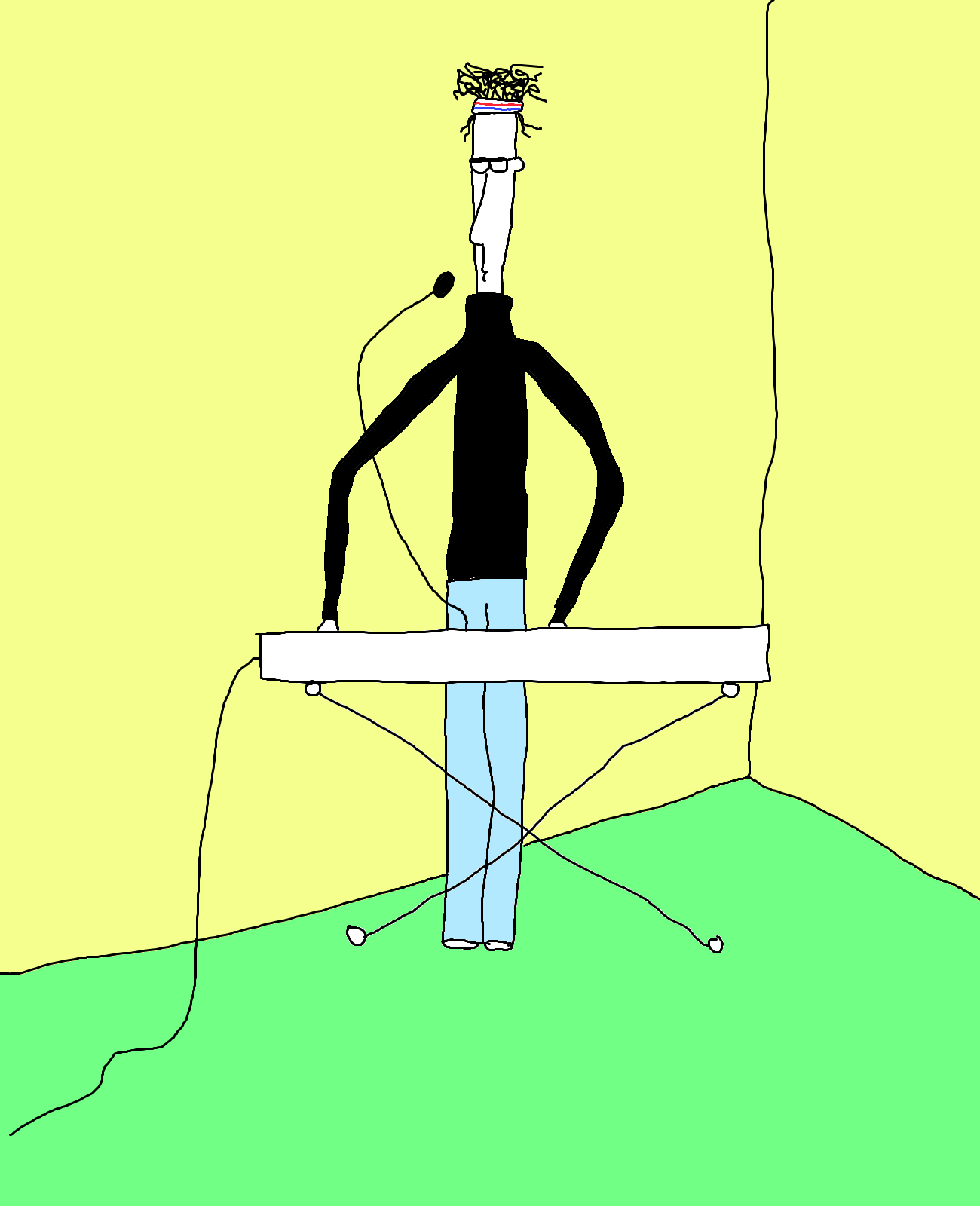 A tall, thin figure in a black top and pale blue trousers stands at a white keyboard and microphone, surrounded by yellow walls and a green floor.