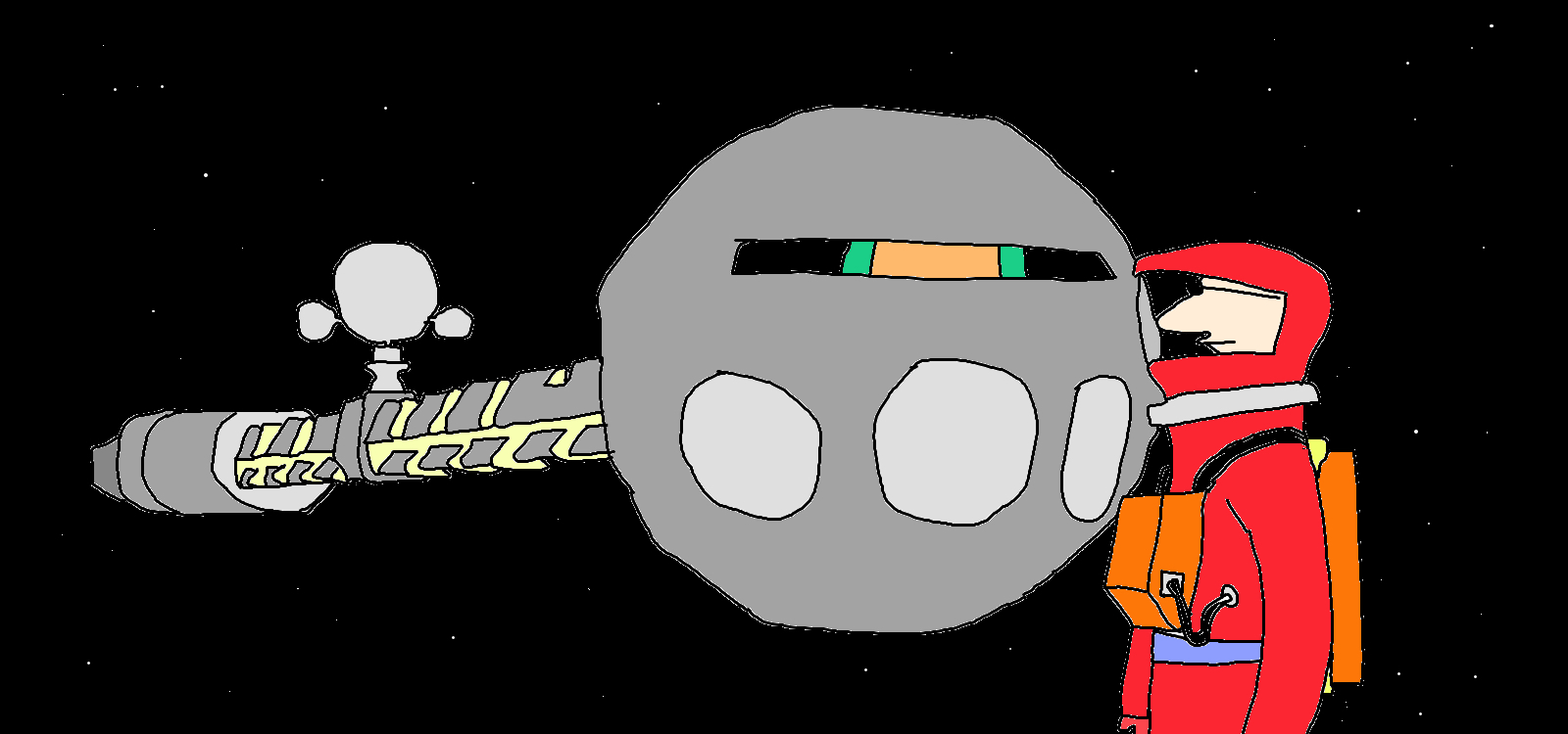A red-suited astronaut stands beside a rounded grey spacecraft against a black, star-speckled background.