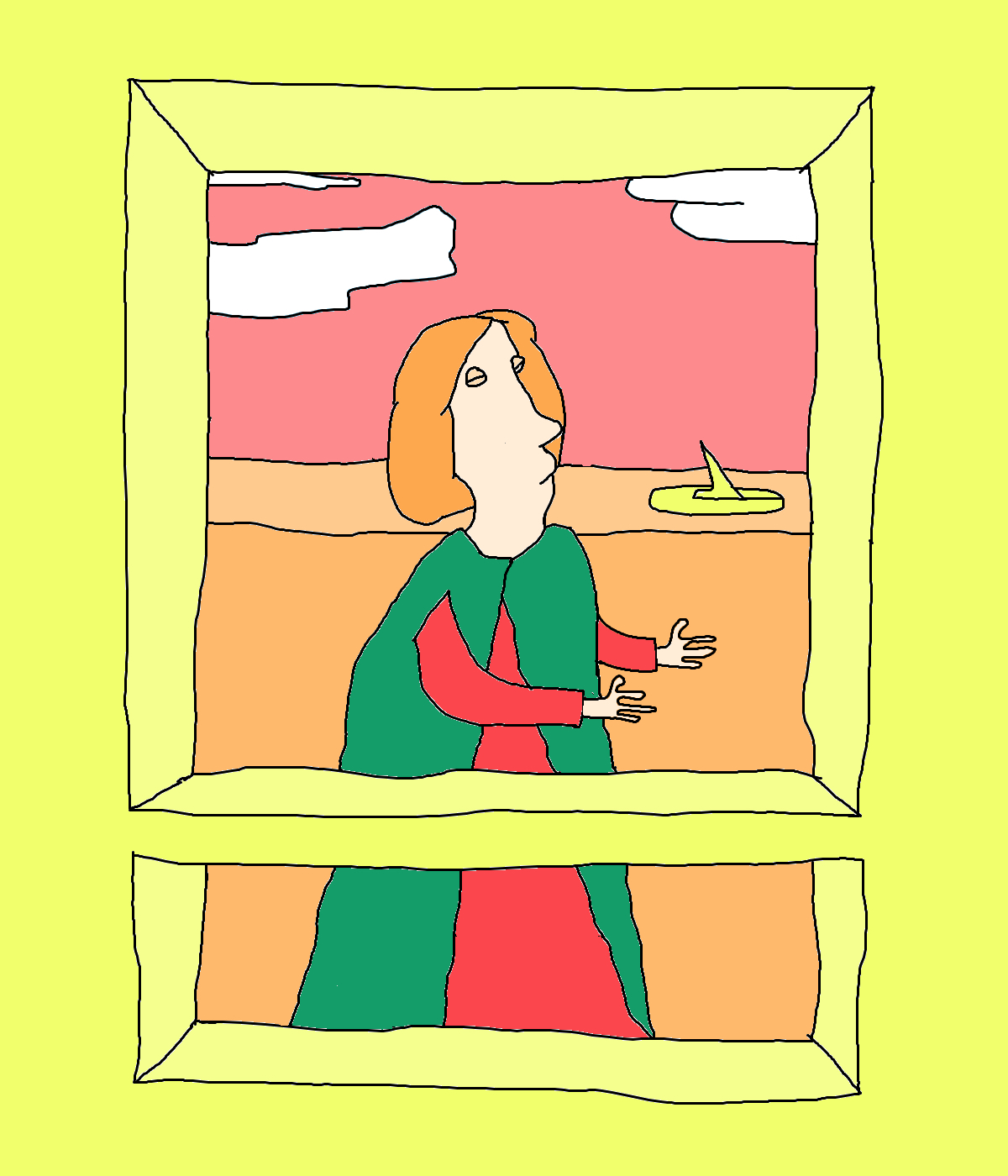 A blond figure in green and red extends both hands inside a yellow frame, with a pink sky and orange landscape behind.