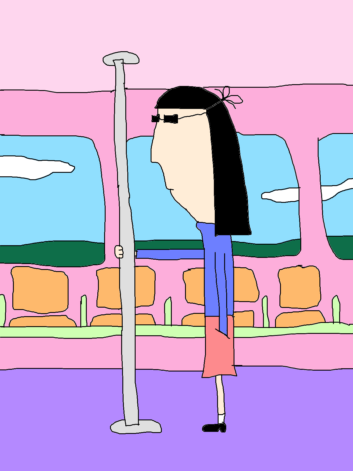 A black-haired figure holds a pole inside a pink train, with orange seats and green hills visible through the windows.
