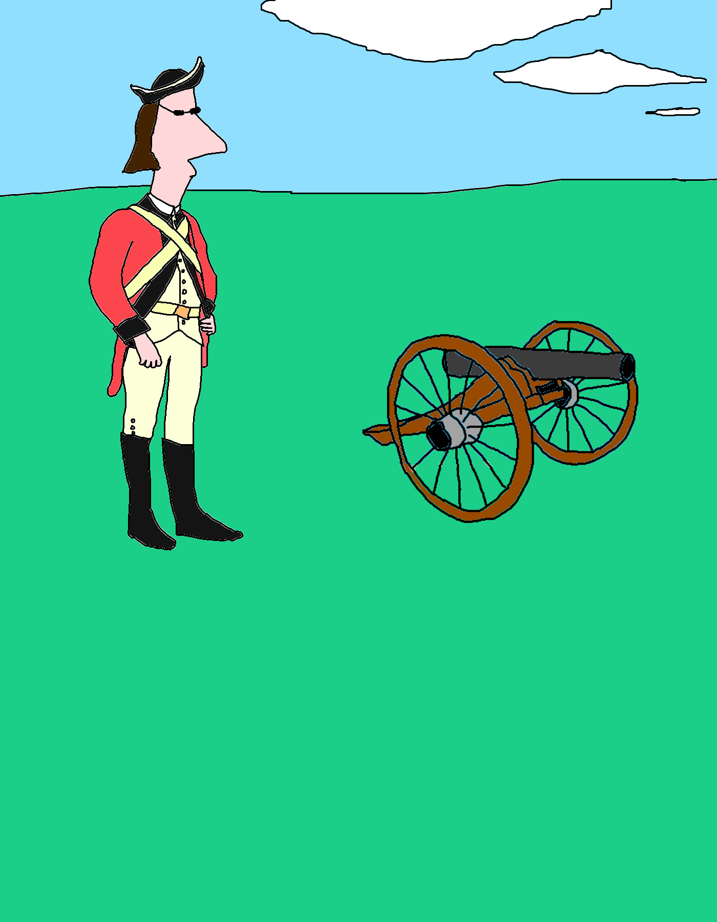 A figure in a red coat, crossed cream straps and tall black boots stands beside a wheeled cannon on green ground beneath a blue sky.