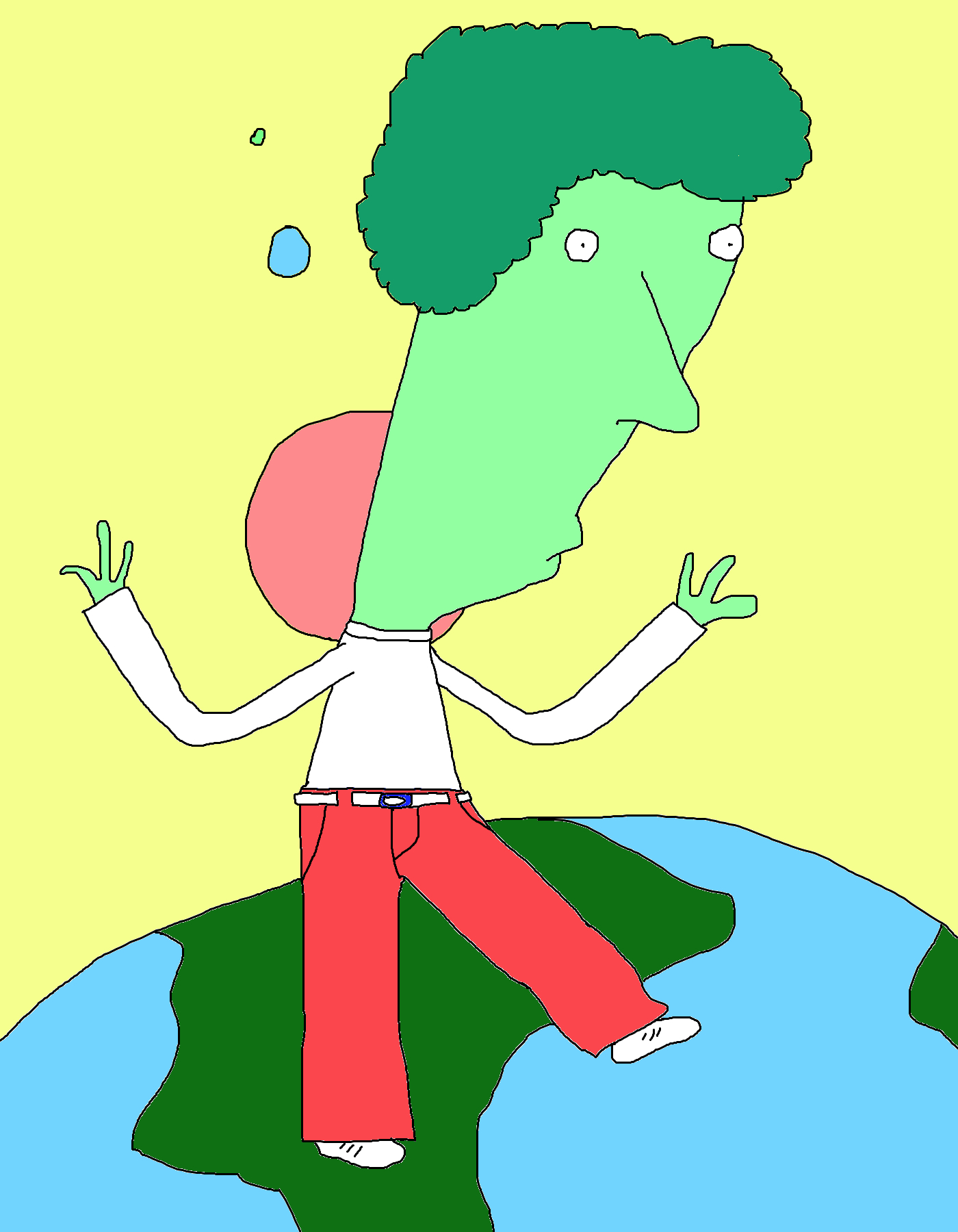 A green-faced figure with dark green hair, a white shirt and red trousers balances on a blue-and-green globe, arms raised against a pale yellow background.