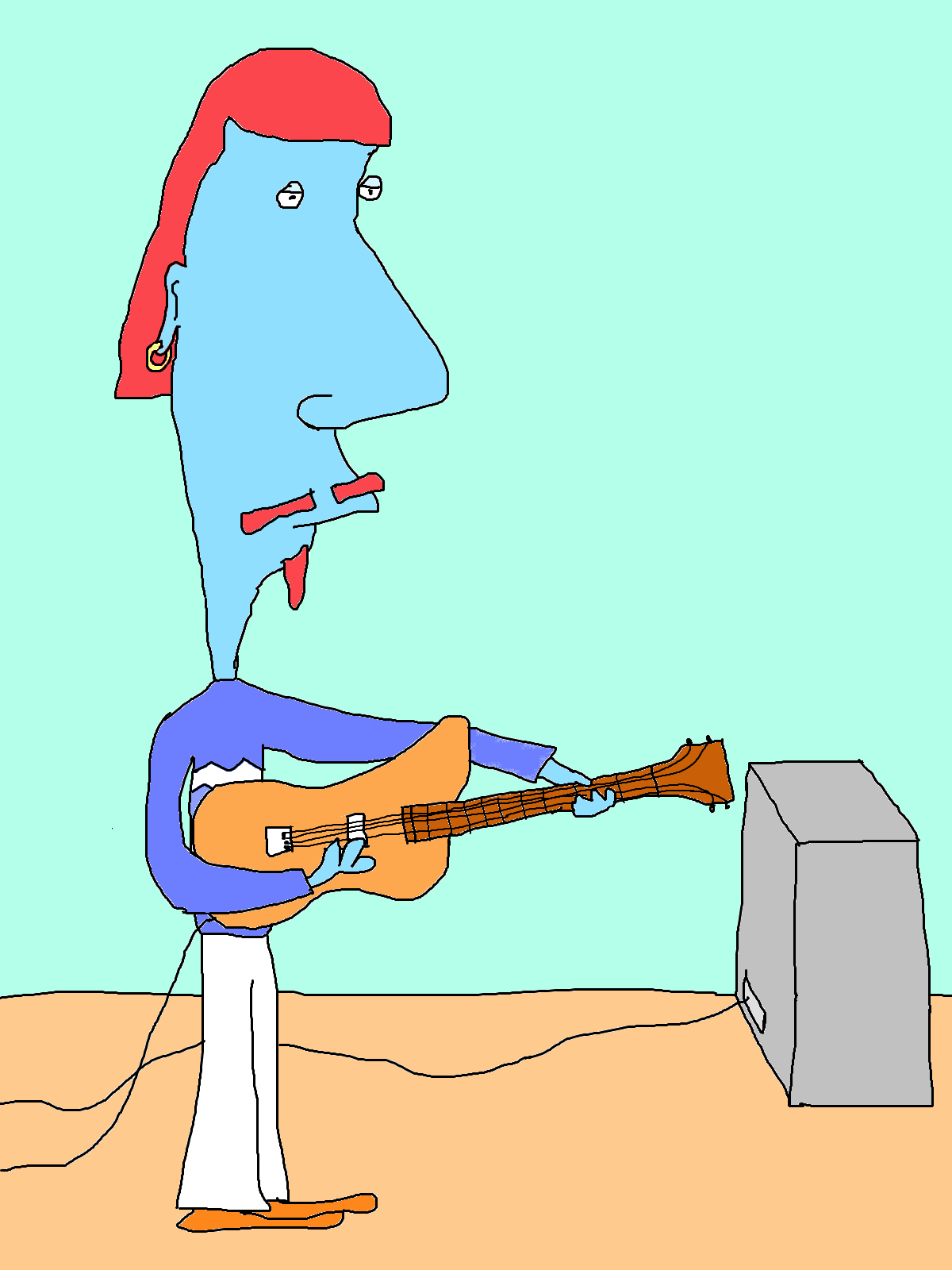 A blue-faced guitarist with red hair and a gold hoop earring holds an orange electric guitar, its cable trailing across the floor to a grey amplifier.