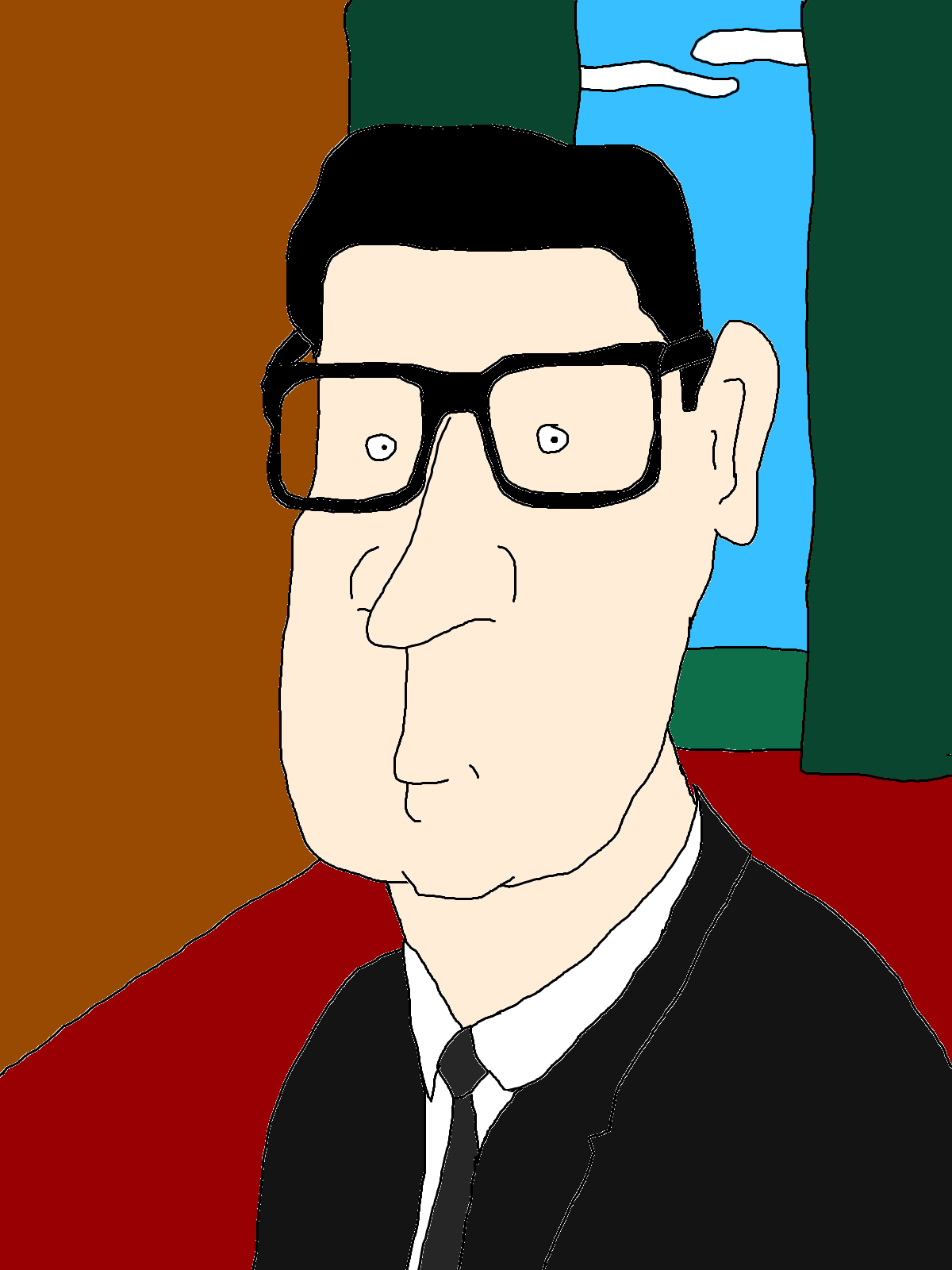 A close-up portrait of a black-haired figure wearing thick black glasses, a dark suit and tie, with green curtains framing blue sky behind.