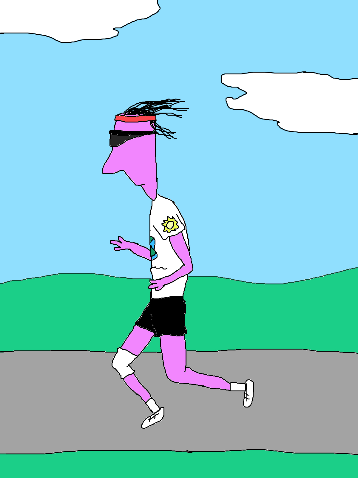 A purple runner in black sunglasses, a red headband and a white patterned shirt strides along a grey path between green grass and blue sky.