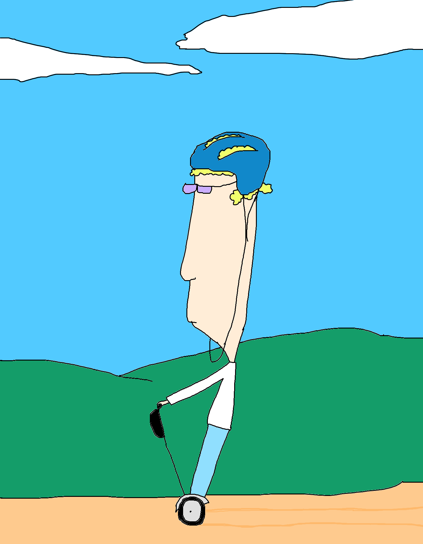 A helmeted figure with small purple glasses rides an upright scooter along a sandy path, with green hills and white clouds behind.