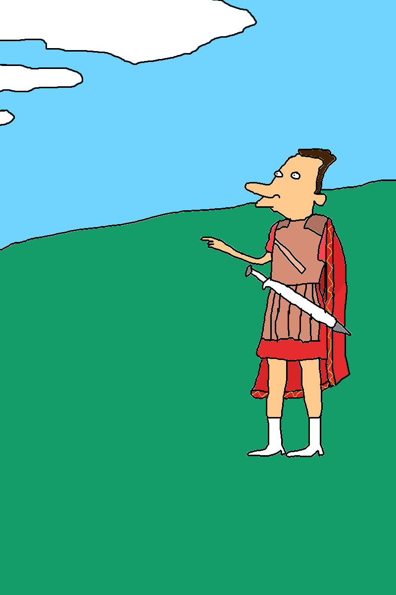 A figure in brown armour and a red cape points across a green hillside, with a long silver sword angled across the waist beneath a blue sky.