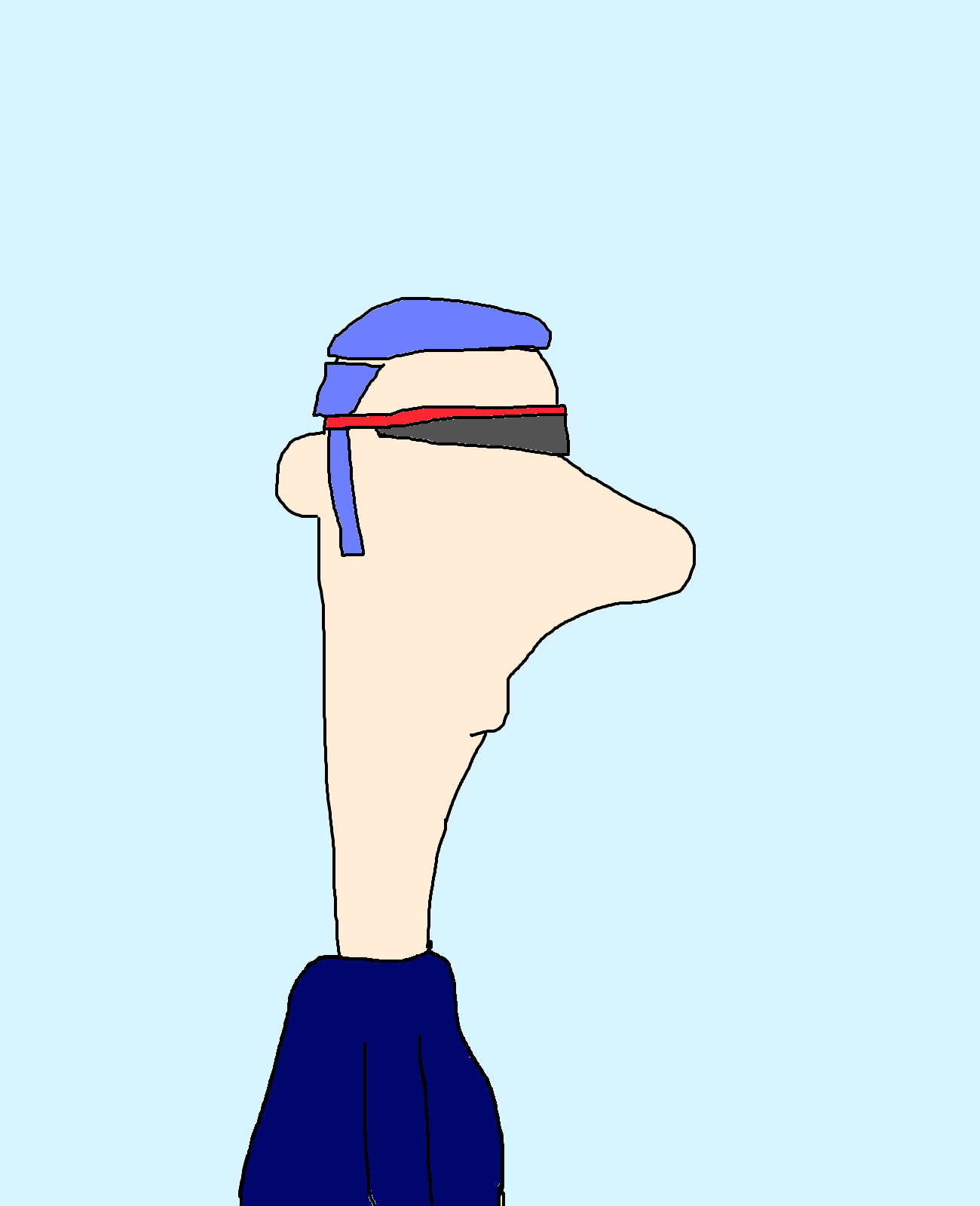 A long-necked figure with purple hair and a narrow black visor with red trim faces right, wearing a dark blue top against a pale blue background.