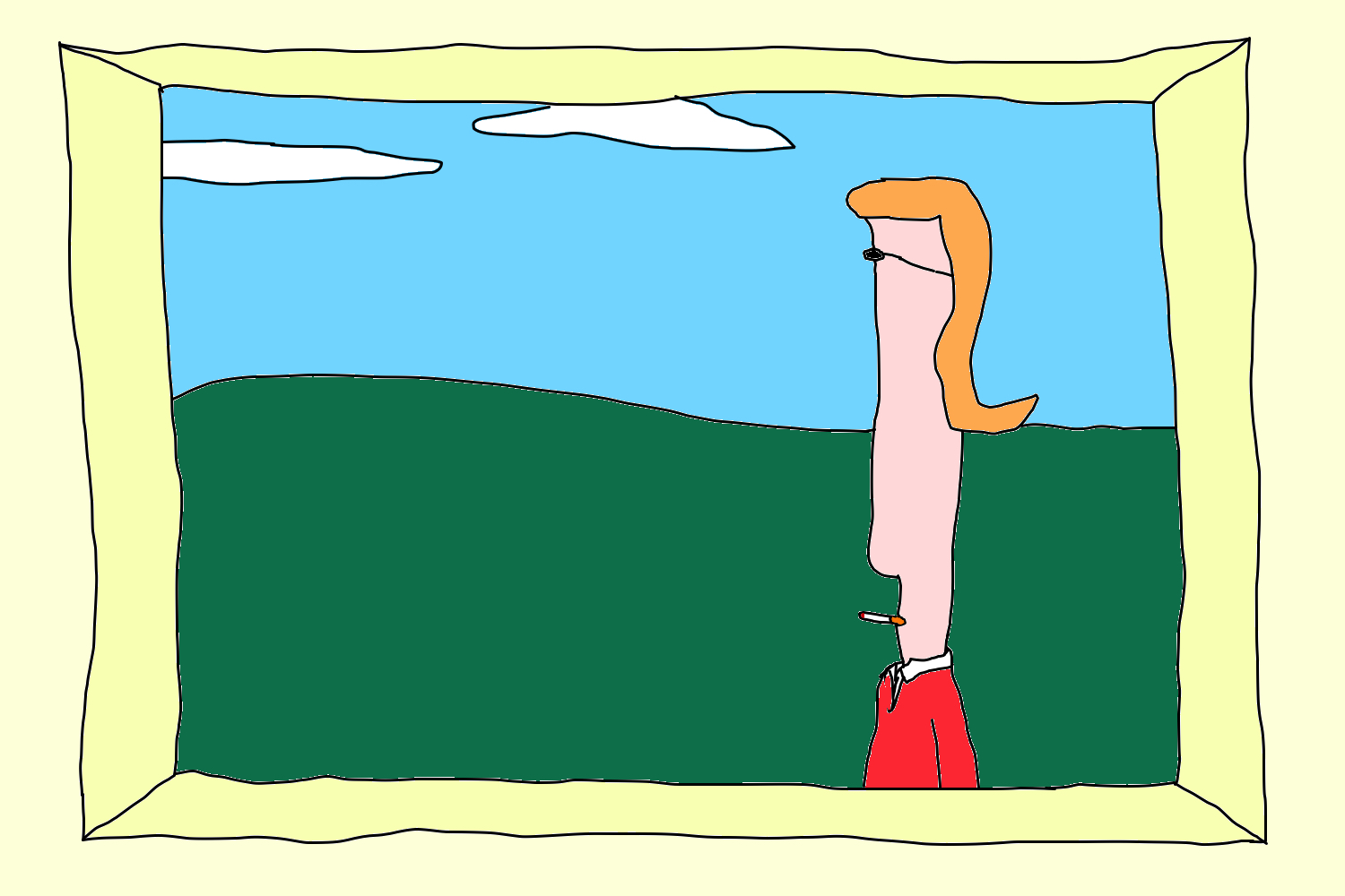 A narrow-faced figure with swept orange hair, small glasses and a cigarette appears within a pale yellow frame, against green hills and a blue sky.