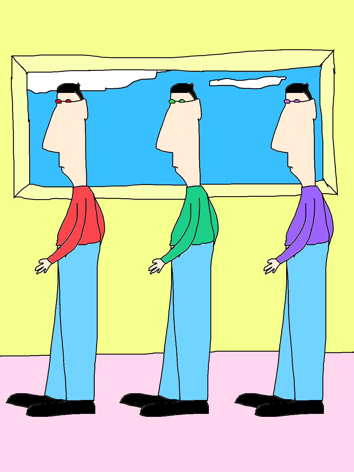 Three nearly identical black-haired figures stand in a row, wearing red, green and purple tops with matching glasses and blue trousers beneath a wide window.