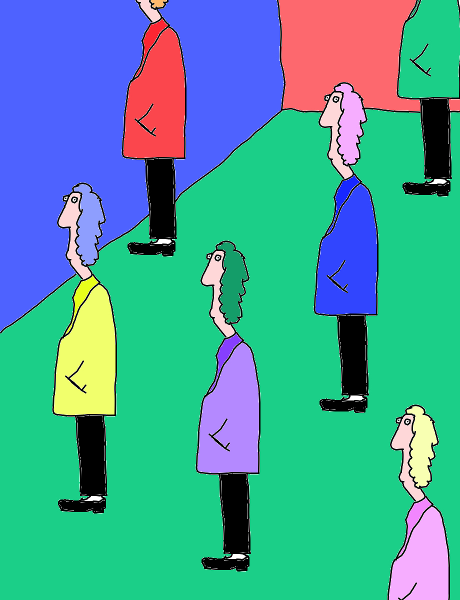 Rows of side-facing figures in brightly coloured coats and black trousers stand on a green floor, with blue and pink walls cutting diagonally through the composition.