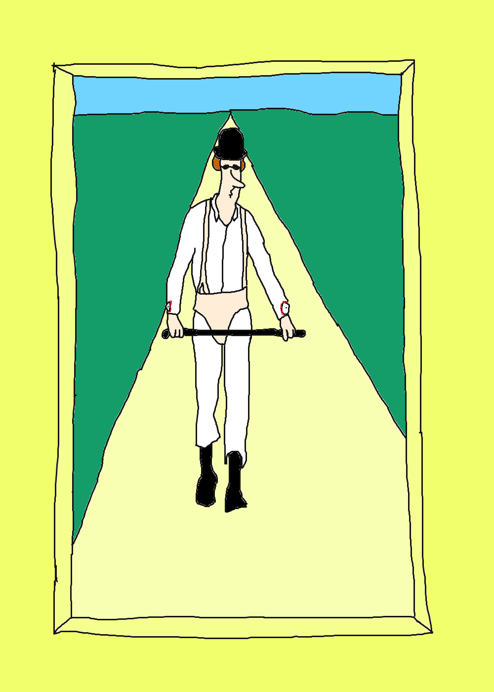 A black-hatted figure in white clothes, braces and black boots holds a cane across the body on a pale path between green fields, within a yellow frame.