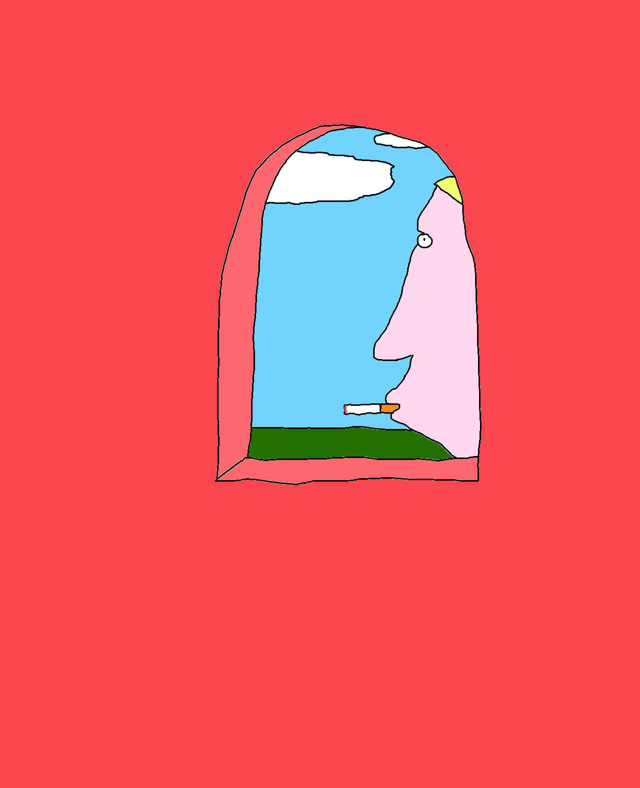 A pale pink profile with blond hair and a cigarette fills one side of a small arched window, surrounded by a broad coral-red wall.