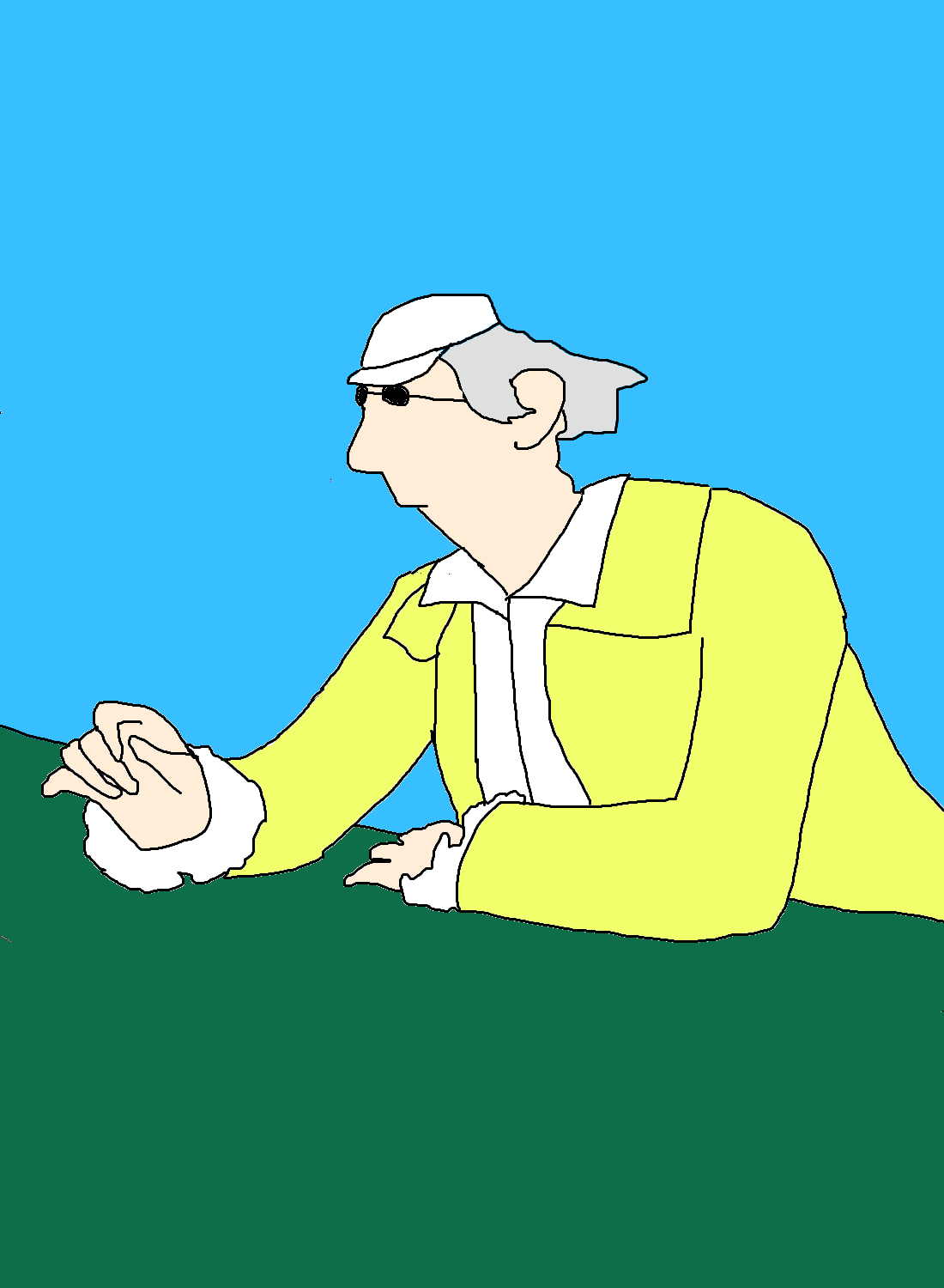 A grey-haired figure in a white hat, dark glasses and a bright yellow jacket leans over a green surface, one hand extended against a blue background.